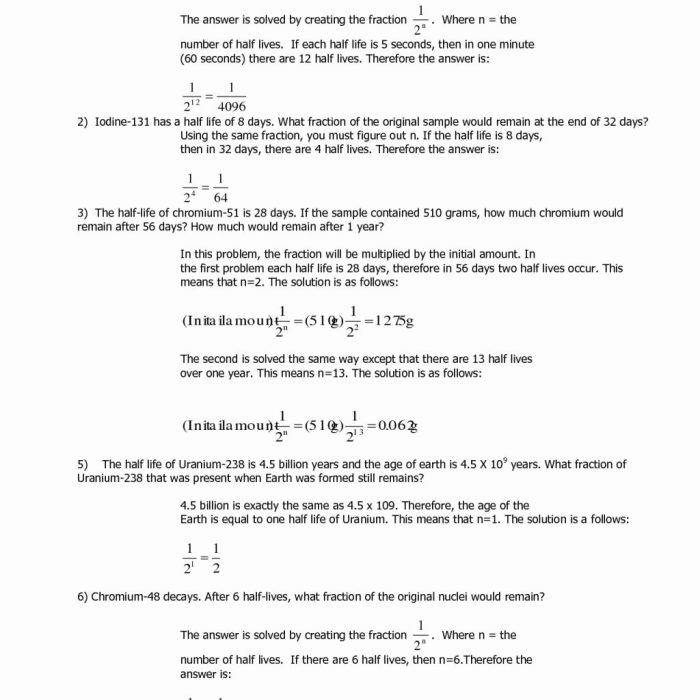 Half-life calculations worksheet with answers