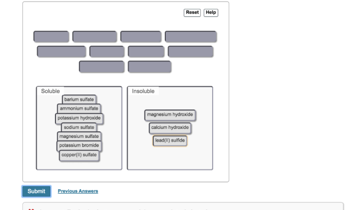 Solubility compounds ionic rules water classify shown soluble these solved reference insoluble drag appropriate bins respective items their transcribed text
