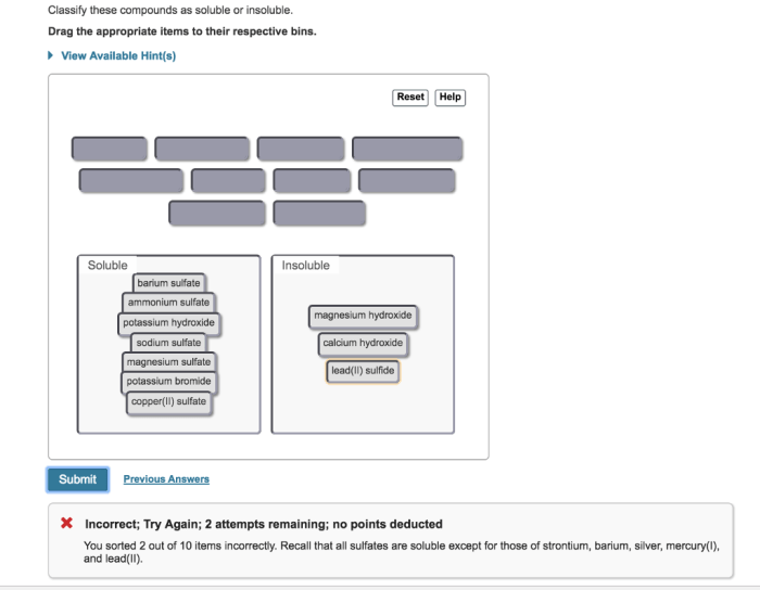 Solubility compounds ionic rules water classify shown soluble these solved reference insoluble drag appropriate bins respective items their transcribed text